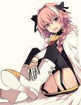  1boy armored_skirt astolfo_(fate) black_bow black_shirt black_thighhighs boots bow braid cape fang fate/apocrypha fate/grand_order fate_(series) fur-trimmed_cape fur_trim garter_straps gauntlets hair_bow hair_intakes highres light_blush long_braid long_hair looking_at_viewer male_focus multicolored_hair oomori_(kswmr) open_mouth otoko_no_ko pink_hair purple_eyes shirt simple_background single_braid sitting skin_fang smile solo streaked_hair thighhighs thighs two-tone_hair white_background white_cape white_footwear white_hair 