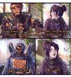  1girl 2boys ? ?? absurdres apex_legends artist_name black_bodysuit black_hair black_scarf bodysuit brown_eyes brown_hair buzzfeed_unsolved checkered_clothes checkered_scarf english_commentary english_text facial_hair goatee goggles goggles_on_head green_scarf grey_eyes hair_behind_ear hair_bun highres humanoid_robot looking_to_the_side mirage_(apex_legends) multiple_boys nina_liu one-eyed orange_bodysuit pale_skin parted_lips pathfinder_(apex_legends) red_eyes robot scar scar_on_face scarf single_hair_bun wraith_(apex_legends) 