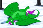  chest_tuft dipstick_tail dragon feathered_dragon feathered_wings feathers female feral fur furred_dragon green_body green_feathers green_fur hi_res horn in_snow mane markings mesh_(xaseiresh) miramore multicolored_tail pawpads paws playful purple_body purple_eyes purple_fur purple_mane smile snow sprawled tail_markings tongue tongue_out tuft wings 