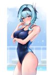  1girl 6mon absurdres arm_under_breasts black_hairband blue_hair blue_one-piece_swimsuit breasts competition_swimsuit covered_navel cowboy_shot eula_(genshin_impact) genshin_impact hair_ornament hairband highres looking_at_viewer medium_breasts medium_hair one-piece_swimsuit solo swimsuit 