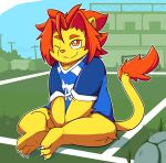 anthro clothing felid fur hi_res lion male mammal morenatsu mousesix orange_body orange_fur pantherine soccer_field soccer_uniform solo soutarou_(morenatsu) sportswear uniform yellow_body yellow_fur