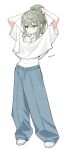  1girl :o absurdres adjusting_hair arms_up baggy_pants blue_pants blush collared_shirt dated denim dot_nose green_hair hair_between_eyes hands_in_hair highres jeans kusanagi_nene legs_apart long_hair looking_ahead midriff navel pants parted_lips pjmiyo ponytail project_sekai purple_hair shirt shirt_overhang shoes short_sleeves sidelocks simple_background solo standing stomach white_background white_footwear white_shirt 