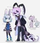 anthro bottomwear chinese_text clothed clothing duo female footwear full-length_portrait fully_clothed hi_res jacket kemono lagomorph leporid mammal pants portrait rabbit reptile scalie scarf shirt shoes snake standing text topwear zhang_gun