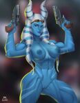  1girl abs alien artist_name biceps blue_nipples blue_skin blurry blurry_background breasts colored_nipples colored_skin completely_nude depth_of_field dual_wielding goggles goggles_on_head gotalex grey_eyes gun handgun highres holding holding_gun holding_weapon large_breasts lekku_(anatomy) looking_at_viewer navel nipples nude pussy solo star_wars togruta weapon 