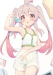  1girl :o absurdres ahoge armpits artist_name bare_arms bare_shoulders blush book bright_pupils collarbone commentary dot_nose food game_console genderswap genderswap_(mtf) hand_on_own_stomach highres holding holding_food holding_popsicle long_hair looking_at_viewer lying navel onii-chan_wa_oshimai! open_mouth orange_eyes oyama_mahiro pillow pink_hair popsicle shirt shorts sleeveless sleeveless_shirt solo tokoshibyra twintails twitter_username white_background 