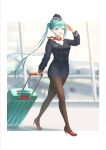  1girl 39 :d absurdres aircraft airplane aqua_eyes aqua_hair black_pantyhose blue_headwear blue_jacket blue_skirt blurry blurry_background breasts flight_attendant full_body garrison_cap glass hair_between_eyes hat hatsune_miku high_heels highres holding holding_suitcase jacket long_hair long_sleeves looking_at_viewer miniskirt open_mouth pantyhose pencil_skirt red_footwear salute scarf shoes sinyamato96 skirt skirt_suit small_breasts smile solo stiletto_heels suit suitcase travel_attendant twintails uniform vocaloid walking 