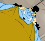  1boy bara black_hair blue_skin colored_skin costixdxd curly_eyebrows expressionless facial_hair fish_boy flat_color foreshortening goatee half-closed_eyes highres jinbe_(one_piece) large_pectorals looking_at_viewer looking_down male_focus mature_male meme monster_boy muscular muscular_male nipple_slip nipples one_piece pectoral_cleavage pectoral_focus pectorals photo-referenced short_hair sidepec solo tank_top thick_eyebrows tusks upper_body yellow_tank_top yur_oc_like_this_(meme) 