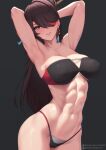  1girl abs alternate_costume armpits arms_up beidou_(genshin_impact) bikini black_background black_bikini blush breasts brown_hair cameltoe cleavage colored_eyepatch commentary cowboy_shot earrings eyepatch fanbox_username genshin_impact grin hair_ornament hair_stick jewelry large_breasts long_hair looking_at_viewer muscular muscular_female navel one_eye_covered parted_lips patreon_username presenting_armpit putcher red_bikini red_eyes simple_background single_hair_intake smile solo standing swimsuit tassel tassel_earrings two-tone_bikini web_address 