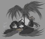  1girl absurdres bag bird_legs character_name closed_eyes commission detached_sleeves drooling fchimaera feathered_wings greyscale hair_between_eyes harpy head_wings highres long_hair lying monochrome monster_girl on_floor on_stomach oneiroi_(apexhydra8) open_mouth original sand sleep_mask sleeping solo spot_color talons thank_you thighhighs winged_arms winged_tail wings 