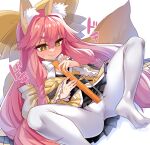  1girl absurdres animal_ear_fluff animal_ears bare_shoulders blush bow braided_sidelock breasts fate/samurai_remnant fate_(series) fox_ears fox_girl fox_tail highres japanese_clothes kimono long_hair long_sleeves lying on_back pantyhose short_eyebrows smile solo spread_legs tail tamamo_(fate) tamamo_aria_(fate) white_pantyhose wisespeak yellow_bow yellow_kimono 