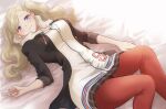  bed blonde_hair blue_eyes highres jacket kurosususu looking_at_viewer lying persona persona_5 red_legwear shuujin_academy_uniform smile takamaki_anne twintails 