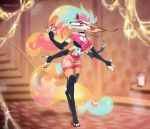  1girl beelzebub_(helluva_boss) crop_top demon_girl extra_arms floating_hair fox_girl full_body furry furry_female helluva_boss honey ishimaurell looking_at_viewer multicolored_hair multicolored_tail outstretched_arms pink_shorts shorts solo tail 
