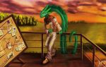 2024 absurd_res anthro belt clothing digital_drawing_(artwork) digital_media_(artwork) dirtypaperjoe documents floor grass grass_field grass_plain green_body hi_res jumpsuit lake long_tail orange_sky plant quills_(anatomy) railing red_thread scarf skin sky sunset tail tree whiteboard wood wood_floor