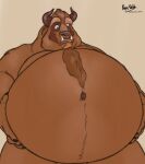 2024 anthro beast_(disney) beauty_and_the_beast belly belly_tuft big_belly claws disney fangs fur half-length_portrait hi_res holding_belly horn kaiipwilde_(artist) low-angle_view male mammal monster navel nude obese obese_anthro obese_male overweight overweight_anthro overweight_male portrait signature solo teeth tuft underbite