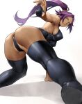  1girl absurdres all_fours ass black_footwear black_leotard bleach boots breasts closed_mouth dark-skinned_female dark_skin elbow_gloves gloves highleg highleg_leotard highres large_breasts leotard long_hair looking_back outstretched_arm ponytail purple_hair redrawn shadow shihouin_yoruichi simple_background skin_tight solo thigh_boots thighs yellow_eyes yoshio_(55level) 