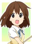  1girl :o absurdres bangs blue_ribbon border brown_eyes brown_hair collared_shirt commentary gradient gradient_background green_background hair_ornament hairclip highres hirasawa_yui k-on! light_blush neck_ribbon open_mouth outside_border ribbon sakuragaoka_high_school_uniform school_uniform shirt short_hair skyiluca smile solo sweater_vest teeth upper_body upper_teeth white_border white_shirt yellow_sweater_vest 