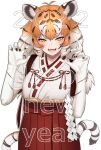  1girl 2022 :d animal_ear_fluff animal_ears bangs black_hair chinese_zodiac claw_pose commentary_request deku_suke eyebrows_visible_through_hair gloves gradient_hair hair_between_eyes happy_new_year highres japanese_clothes kemono_friends long_hair looking_at_viewer miko multicolored_hair new_year open_mouth orange_hair siberian_tiger_(kemono_friends) simple_background smile solo tail teeth tiger_ears tiger_girl tiger_tail white_background white_gloves white_hair year_of_the_tiger yellow_eyes 