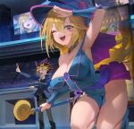  1boy 1girl arm_up armpits bare_shoulders belt black_hair blonde_hair blue_headwear blue_jacket blush blush_stickers breasts building card choker cleavage covered_navel crowd dark_magician_girl duel_disk duel_monster floating gem gold_choker green_eyes hair_between_eyes hat highres holding holding_card holding_wand hood_(james_x) jacket large_breasts long_hair looking_at_viewer monitor multicolored_hair mutou_yuugi one_eye_closed open_clothes open_jacket open_mouth pentagram purple_eyes purple_hair salute school_uniform stadium stage standing teeth tongue uniform upper_teeth wand yu-gi-oh! 