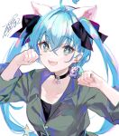  +_+ 1girl :3 :d absurdres ahoge animal_ears belt black_belt black_bow black_shirt blue_hair bow cat_ears choker collarbone earrings fangs fuzichoco green_jacket hair_between_eyes hair_ornament hashtag_only_commentary hatsune_miku heart heart_ahoge highres jacket jewelry letter_earrings long_hair looking_at_viewer paw_pose project_sekai shirt signature single_earring single_sidelock sleeves_past_elbows smile star_(symbol) star_choker twintails upper_body very_long_hair white_background wonderlands_x_showtime_miku zozotown 