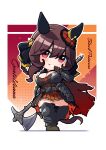  1girl animal_ears armor axe belt braid breasts brown_belt brown_gloves brown_hair character_name chibi cursive ear_covers ear_ornament english_text full_body gentildonna_(umamusume) glint gloves grin hair_between_eyes hair_ornament hand_up highres holding holding_axe horse_ears horse_girl horse_tail large_breasts long_hair looking_at_viewer no_nose pink_eyes pleated_skirt red_skirt skirt smile solo standing tail torn_clothes umamusume warashi 