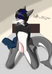 absurd_res anthro bed blue_eyes blue_hair bodily_fluids cetacean cum dolphin ejaculation fin furniture genital_fluids grey_body grey_skin hair hi_res kaito_(kaito_aoi) kaito_aoi male mammal marine slit slit_day solo tail tail_fin toothed_whale