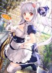  1girl :d animal_ear_fluff animal_ears apron bangs blue_dress blue_footwear boots breasts brick_wall cat_ears character_request cleavage commentary_request dress eyebrows_visible_through_hair food frilled_apron frills frying_pan fujima_takuya grey_hair hand_on_hip holding holding_plate indoors isekai_ni_tobasaretara_papa_ni_nattandaga ladle long_hair looking_at_viewer medium_breasts omurice open_mouth plant plate potted_plant puffy_short_sleeves puffy_sleeves red_eyes short_sleeves side_ponytail smile solo spatula standing standing_on_one_leg thighhighs thighhighs_under_boots twitter_username very_long_hair waist_apron white_apron white_legwear window wooden_floor 