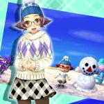  1girl animal_crossing atelier-moo breasts glasses hat interlocked_fingers knit_hat long_sleeves miniskirt open_mouth pantyhose plaid plaid_skirt short_hair skirt smile snow snowman solo sweater video_game yellow_eyes 