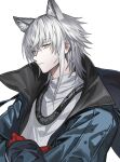  1boy animal_ear_fluff animal_ears aosta_(arknights) arknights blue_jacket frown gloves highres jacket looking_at_viewer male_focus open_clothes open_jacket red_gloves shirt short_hair simple_background solo upper_body white_background white_hair white_shirt wolf_boy wolf_ears yellow_eyes zerg_(z79438659) 