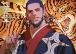  1boy absurdres blue_eyes blue_hair blue_kimono ear_piercing earrings facial_hair golden_kamuy highres holding holding_pipe hoop_earrings japanese_clothes jewelry kimono kiroranke looking_at_viewer piercing pipe reman_kamuy short_hair tiger upper_body 