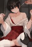  4boys anus bar_censor black_hair bulge censored closed_mouth collarbone commentary_request crossdressing cum cum_on_body cum_on_hair ejaculation erection erection_under_clothes facial hair_between_eyes hakama hakama_short_skirt hakama_skirt handjob holding_another&#039;s_wrist japanese_clothes kimono male_focus multiple_boys multiple_penises nipples one_eye_closed original otoko_no_ko penis projectile_cum red_hakama sitting skirt solo_focus sunaba_(nczd5875) testicles thighhighs white_kimono white_legwear wide_sleeves yaoi 