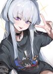  1girl black_choker black_shirt blanc_(whit_blanc) blue_archive blush choker grey_hair highres long_hair looking_at_viewer noa_(blue_archive) open_mouth purple_eyes shirt short_sleeves simple_background smile solo tongue tongue_out v white_background 