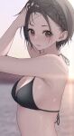  1girl :o armpits arms_up bikini black_bikini black_hair blurry blurry_background braid braided_bangs depth_of_field hair_tucking halterneck highres looking_at_viewer looking_to_the_side mottsun_(i_40y) original outdoors short_hair swimsuit upper_body water_drop wet 