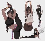  1girl adam_(nyantcha) ass black_pants bloodlight_(nyantcha) breasts closed_eyes dark-skinned_female dark_skin flexible highres leg_lift leg_up long_hair looking_at_viewer messy_hair midriff multiple_views nyantcha open_mouth original pants solo split sports_bra sportswear standing standing_on_one_leg standing_split stretching thighs yawning yoga 