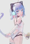  1girl :o absurdres animal_ear_headphones animal_ears ass bare_shoulders black_choker blue_eyes blue_hair blue_nails blush breasts can cat_ear_headphones cat_girl cat_tail choker colored_inner_hair cowboy_shot dot_nose drink drink_can fake_animal_ears fang from_behind headphones highleg highleg_leotard highres holding holding_drink holding_own_tail indie_virtual_youtuber kanzarin_(vtuber) leotard looking_at_viewer looking_back medium_hair multicolored_hair nail_polish open_mouth pink_hair simple_background skin_fang small_breasts soda_can solo tail virtual_youtuber waterjetoctopus white_background white_leotard 