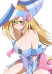  1girl bare_shoulders blonde_hair blue_dress blue_headwear blush blush_stickers breasts cleavage dark_magician_girl dress green_eyes hat highres large_breasts long_hair misakura_aoi off-shoulder_dress off_shoulder simple_background solo witch_hat yu-gi-oh! 
