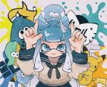  1girl :3 arms_up blue_eyes blue_hair closed_mouth commentary fake_horns horns index_finger_raised inkling inkling_girl inkling_player_character jellyfish_(splatoon) long_hair moyu_u0 one_eye_closed paint_splatter pikachu pointy_ears pokemon pokemon_(creature) simple_background smile splatoon_(series) splatoon_3 symbol-only_commentary tail tentacle_hair thick_eyebrows white_background yellow_fur 