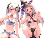  +_+ 2girls :d backlighting bare_arms bare_shoulders bikini black_bikini black_bow black_choker black_headwear blue_bikini blush bow breasts brown_eyes brown_hair choker cleavage collarbone commentary_request criss-cross_halter faubynet frilled_bow frills grey_hair hair_bow halterneck hands_up hat holding hololive horns long_hair md5_mismatch multicolored_hair multiple_girls murasaki_shion murasaki_shion_(hololive_summer_2019) nakiri_ayame nakiri_ayame_(hololive_summer_2019) navel official_alternate_costume oni open_mouth red_eyes red_hair revision simple_background sitting skin-covered_horns small_breasts smile squatting star_(symbol) stomach streaked_hair striped_bikini striped_clothes sweat swimsuit teeth tilted_headwear trowel twintails upper_teeth_only vertical-striped_bikini vertical-striped_clothes virtual_youtuber white_background witch_hat 