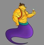 2018 5_fingers abs alcohol anthro beverage biceps black_eyes black_nose brown_hair canid canine canis champagne clothing container domestic_dog fingers fist full-length_portrait fur genie glass glass_container grey_background hair holding_glass holding_object interspecies jewelry legless male mammal muscular muscular_anthro muscular_male navel necklace nintendo pecs pokemon pokephilia portrait prick_ears red_clothing red_topwear red_vest short_hair simple_background smile smiling_at_viewer snout solo topwear unknown_artist vest yellow_body yellow_ears yellow_fur