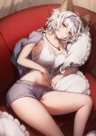  1girl animal_ears blush brown_eyes character_request check_character closed_mouth couch erune feet_out_of_frame genyaky granblue_fantasy hair_ornament heles highres lying on_side pillow purple_shorts shirt short_shorts shorts signature smile solo thighs white_hair white_shirt 