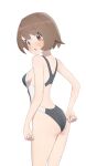  1girl :o alternate_costume bare_arms blush breasts brown_eyes brown_hair commentary_request competition_swimsuit dripping gloria_(pokemon) highres kumacy_0 looking_at_viewer looking_back one-piece_swimsuit pokemon pokemon_swsh short_hair simple_background solo swimsuit white_background 