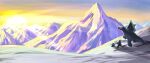  arctibax baxcalibur colored_sclera evolutionary_line frigibax highres marlinmomo mountain no_humans outdoors pokemon pokemon_(creature) pokemon_sv scenery sunrise yellow_sclera 