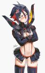  1girl anger_vein annoyed black_hair bleach blush breasts cosplay crossed_arms embarrassed frown gloves hair_between_eyes highres kill_la_kill kuchiki_rukia looking_at_viewer midriff multicolored_hair navel purple_eyes purple_hair red_hair senketsu senketsu_(cosplay) short_hair signature skindentation skirt small_breasts solo standing suspenders sweatdrop thighhighs thighs waligner white_background 