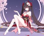  1girl absurdres bare_legs bare_shoulders barefoot bell black_panties brown_hair choker commentary criss-cross_halter detached_sleeves dress feet flower_tattoo fox_mask full_body halterneck hand_up highres honkai:_star_rail honkai_(series) jyt knees_up legs long_hair looking_at_viewer mask mask_on_head mole mole_under_each_eye mole_under_eye multiple_moles nail_polish neck_bell o-ring obi panties petals pink_eyes red_choker red_dress red_nails red_sleeves sash short_sleeves sitting sleeveless sleeveless_dress solo sparkle_(honkai:_star_rail) tattoo toenail_polish toenails toes twintails underwear very_long_hair 