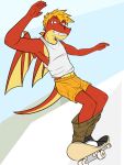 anthro bottomwear bottomwear_down boxers_(clothing) clothed clothing dragon european_mythology footwear fuze hi_res male mangle_(fuze) mythological_creature mythological_scalie mythology pants pants_down partially_clothed scalie shirt shoes skateboard skateboarding solo tank_top topwear underwear vehicle western_dragon