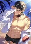  1boy abs beach black_hairband black_male_swimwear earrings genshin_impact grey_hair hair_between_eyes hairband hand_over_eye highres innertube jewelry male_focus male_swimwear midriff multicolored_hair muscular muscular_male navel nipples ocean scar shirt short_hair solcha solo stomach streaked_hair swim_ring white_shirt wriothesley_(genshin_impact) 