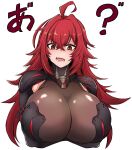  1girl ahoge bodystocking boobplate breasts cleavage goddess_of_victory:_nikke hair_between_eyes highres large_breasts long_hair nihilister_(nikke) open_mouth red_eyes red_hair see-through see-through_cleavage sidelocks solo tkool_man upper_body 
