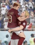  2boys bara blonde_hair blurry blurry_background brown_hair brown_shirt brown_socks carrying carrying_person facial_hair highres looking_at_another male_focus multiple_boys muscular muscular_male panicawa porco_galliard reiner_braun shingeki_no_kyojin shirt short_hair shorts socks sportswear white_shorts yaoi 