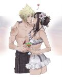  1boy 1girl arm_around_shoulder bikini bikini_skirt black_hair blonde_hair cloud_strife cloud_strife_(wild_surf) cocktail_glass couple cropped_legs cup drinking_glass final_fantasy final_fantasy_vii final_fantasy_vii_rebirth final_fantasy_vii_remake flower frilled_bikini frills hair_flower hair_ornament heart highres male_swimwear official_alternate_costume official_alternate_hairstyle pudelmudel smile swim_trunks swimsuit tifa_lockhart tifa_lockhart_(shining_spirit) 