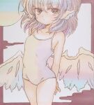  1girl animal_ears bare_arms bare_legs bare_shoulders bird_ears bird_wings blush breasts collarbone cowboy_shot hair_between_eyes mystia_lorelei nishina_masato one-piece_swimsuit pink_hair school_swimsuit short_hair small_breasts solo swimsuit touhou traditional_media white_one-piece_swimsuit white_wings wings yellow_eyes 