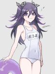  1girl :3 breasts closed_mouth covered_navel danganronpa_(series) danganronpa_v3:_killing_harmony genderswap genderswap_(mtf) grey_background hair_between_eyes holding long_hair looking_at_viewer musical_note oma_kokichi pale_skin purple_eyes purple_hair qiretsu school_swimsuit sideboob small_breasts solo standing swimsuit twitter_username two_side_up upper_body 